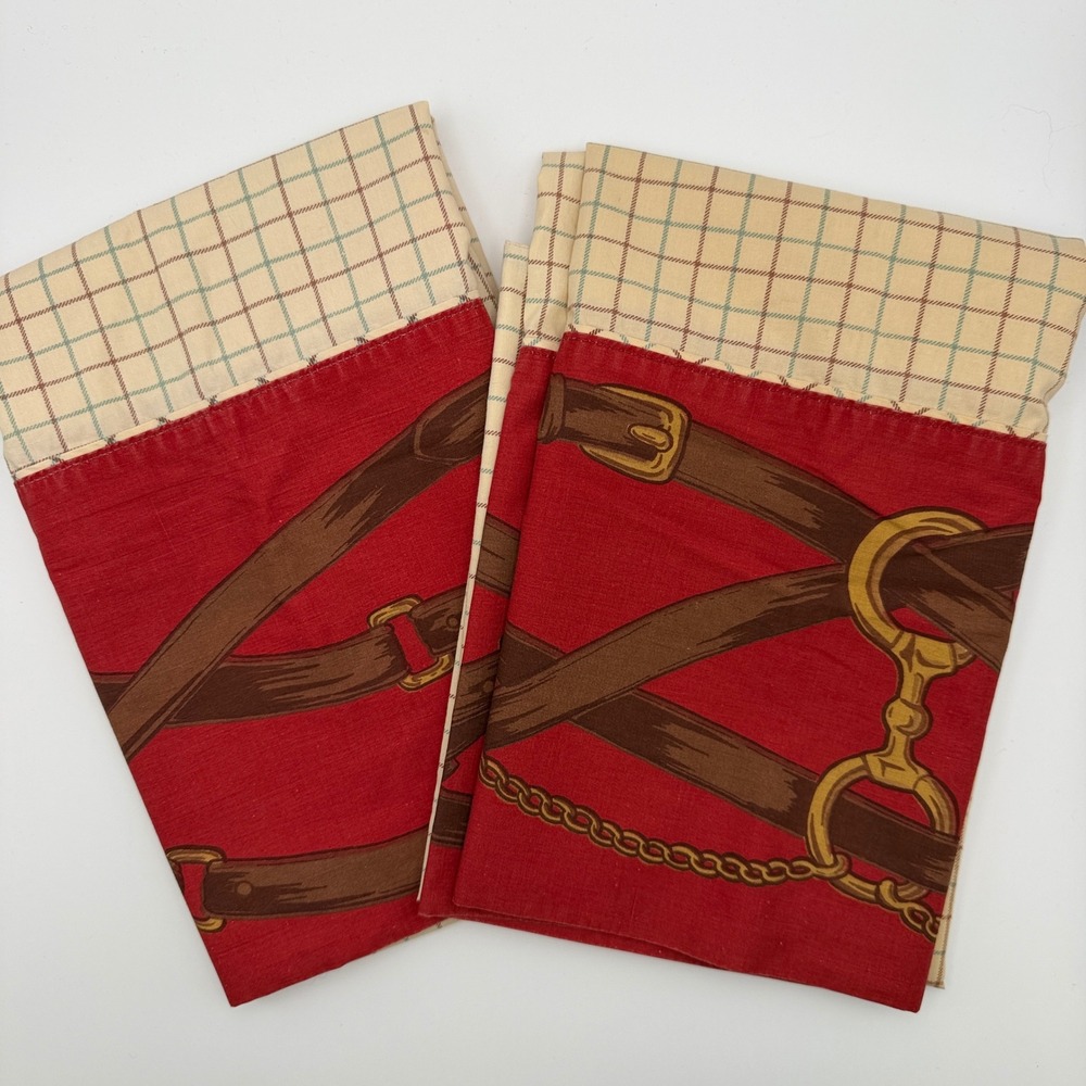 Ralph Lauren Vintage Equestrian Buckle Stirrup Windowpane Cotton Pillowcase Set